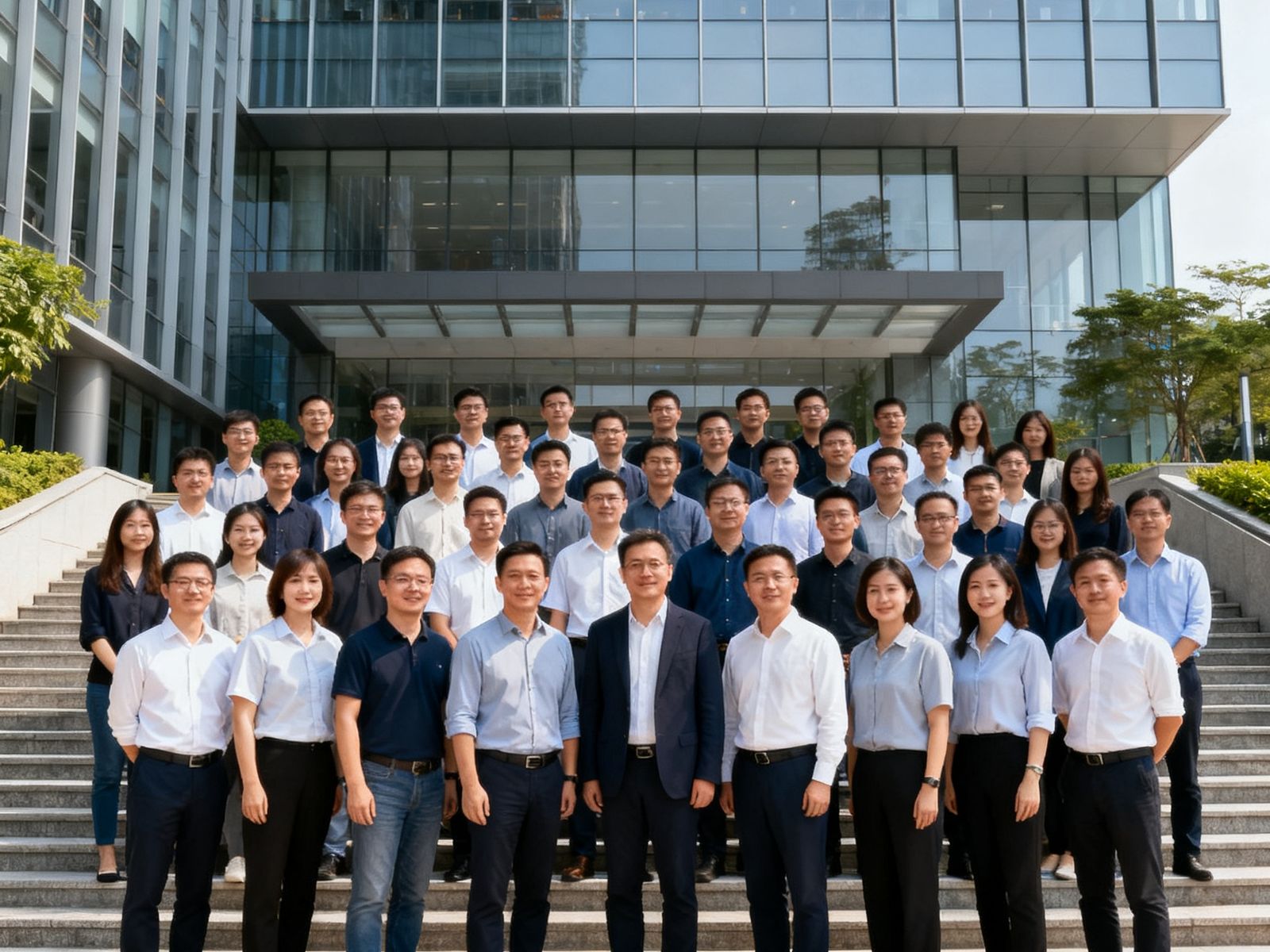 6686体育深圳总部团队合影，约80名员工在办公楼前阶梯上排列整齐，前排为创始团队核心成员