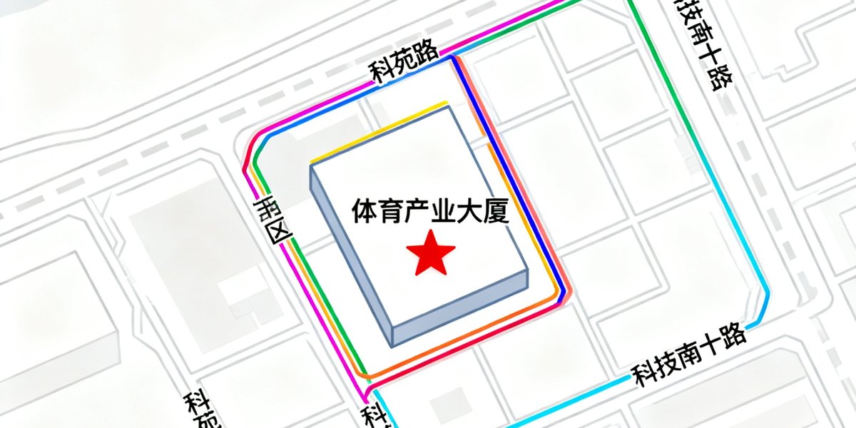 深圳市南山区科技园南区地图位置示意，标注体育产业大厦地理位置与周边交通路线